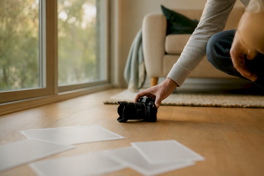 Hand placing camera on floor for photo checklist