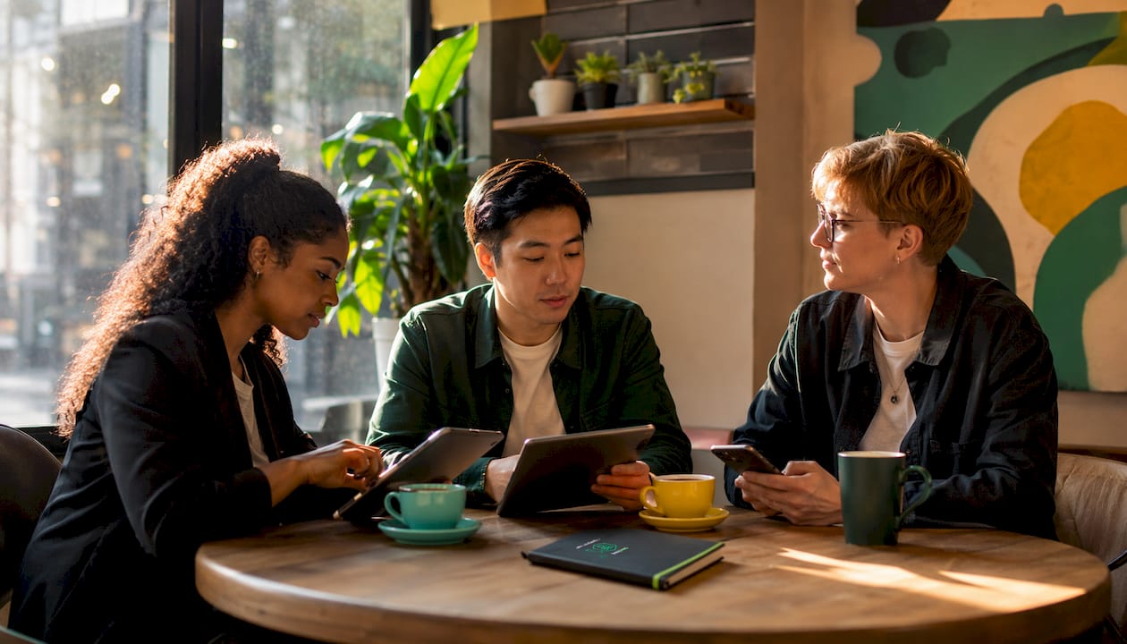 Retail workers collaborating using digital scheduling devices