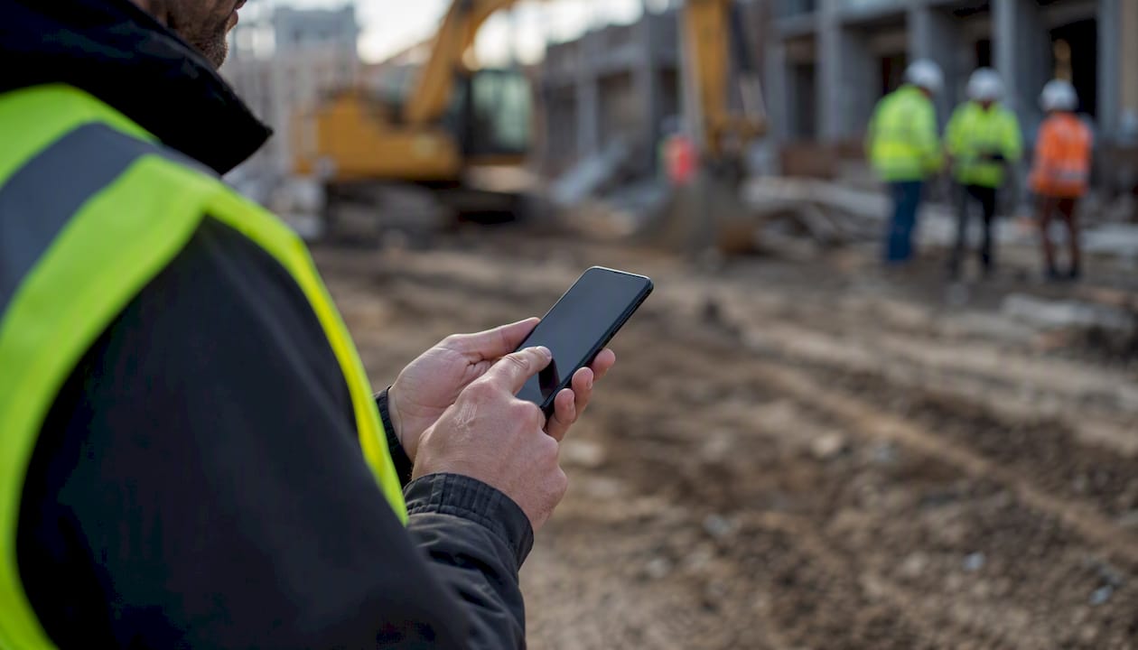 Employee about to clock in using phone outdoors
