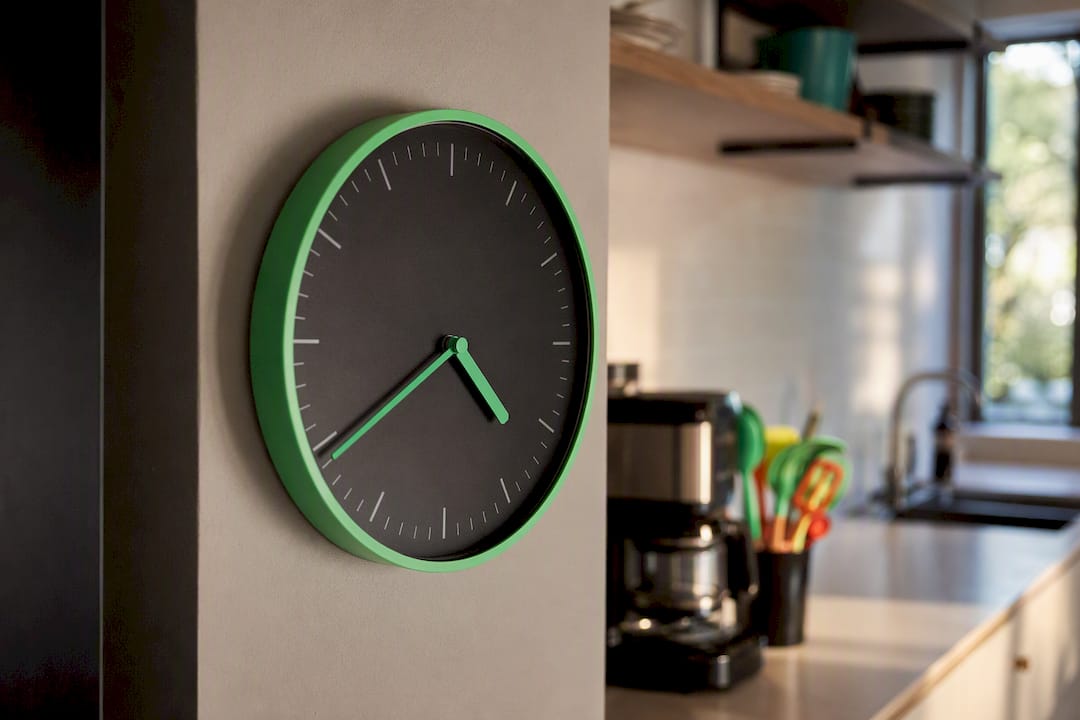 Wall clock showing shift times in break room