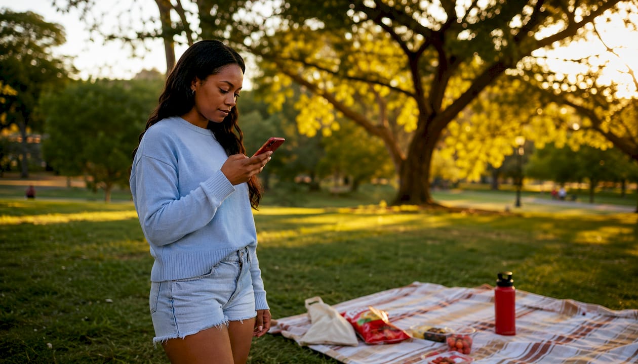 Woman using smartphone for Twitter engagement at desk