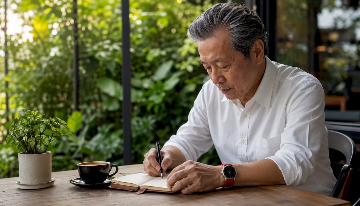 Hands writing tweet hooks in notebook at café