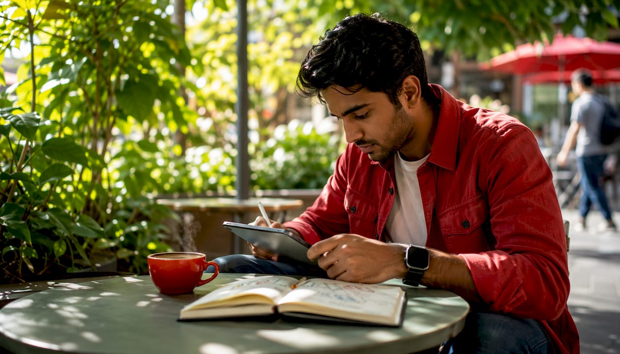 Person brainstorming Twitter content ideas in café