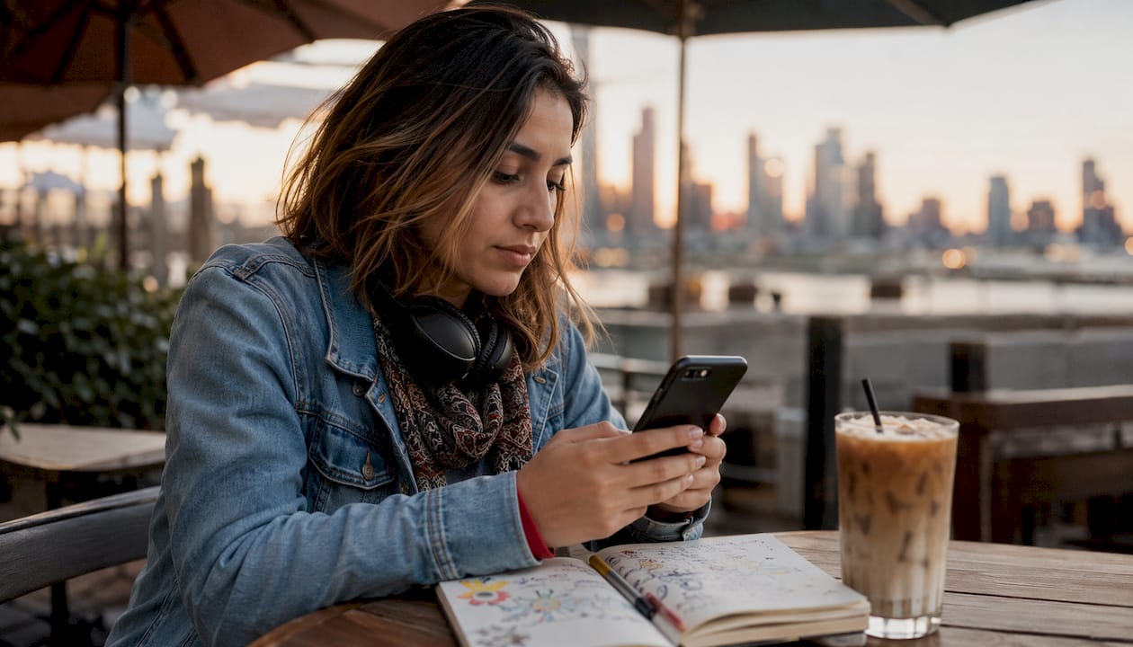 Woman scrolling Twitter trends on smartphone in café