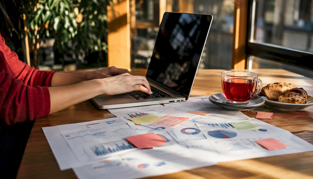 Hands typing on laptop with Twitter trend analytics