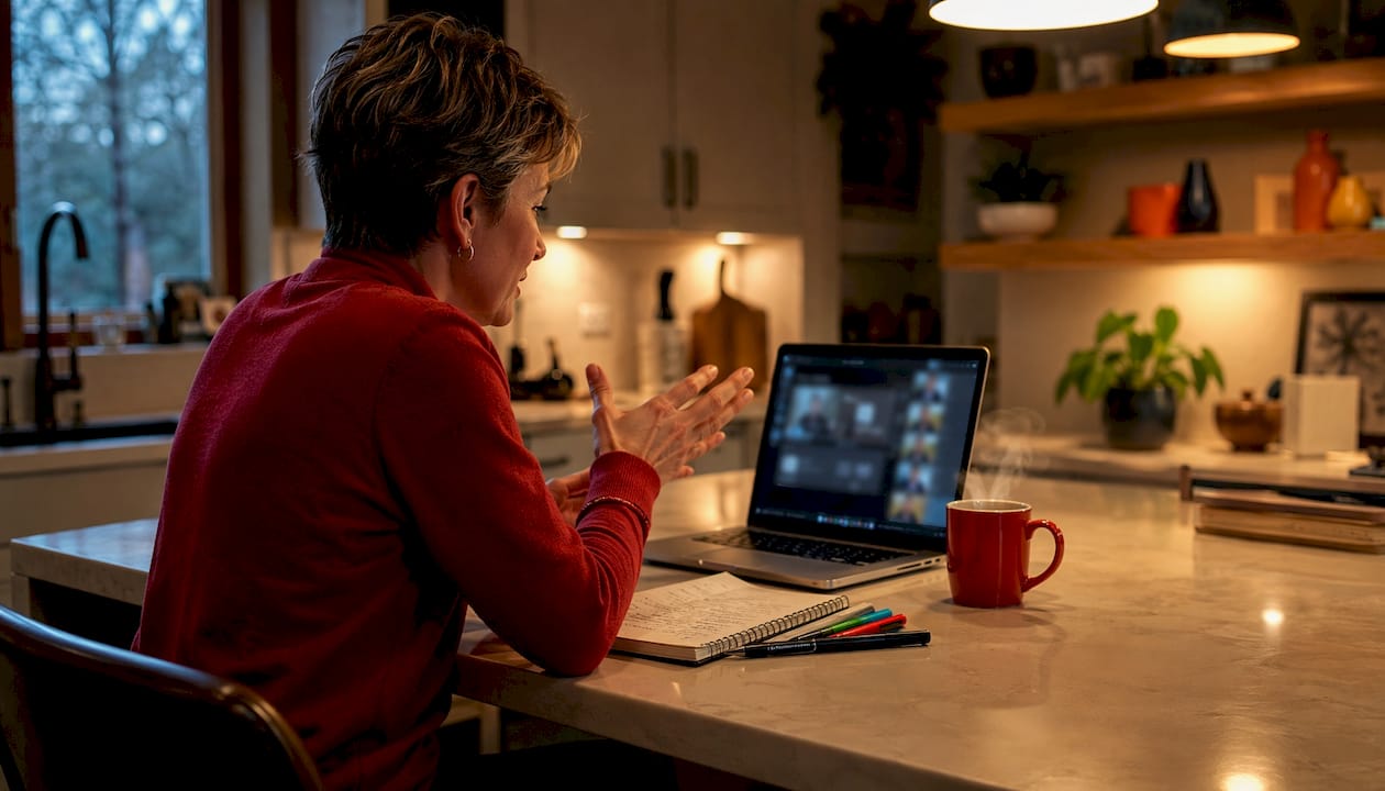 Man in home office video conferencing about Twitter tools