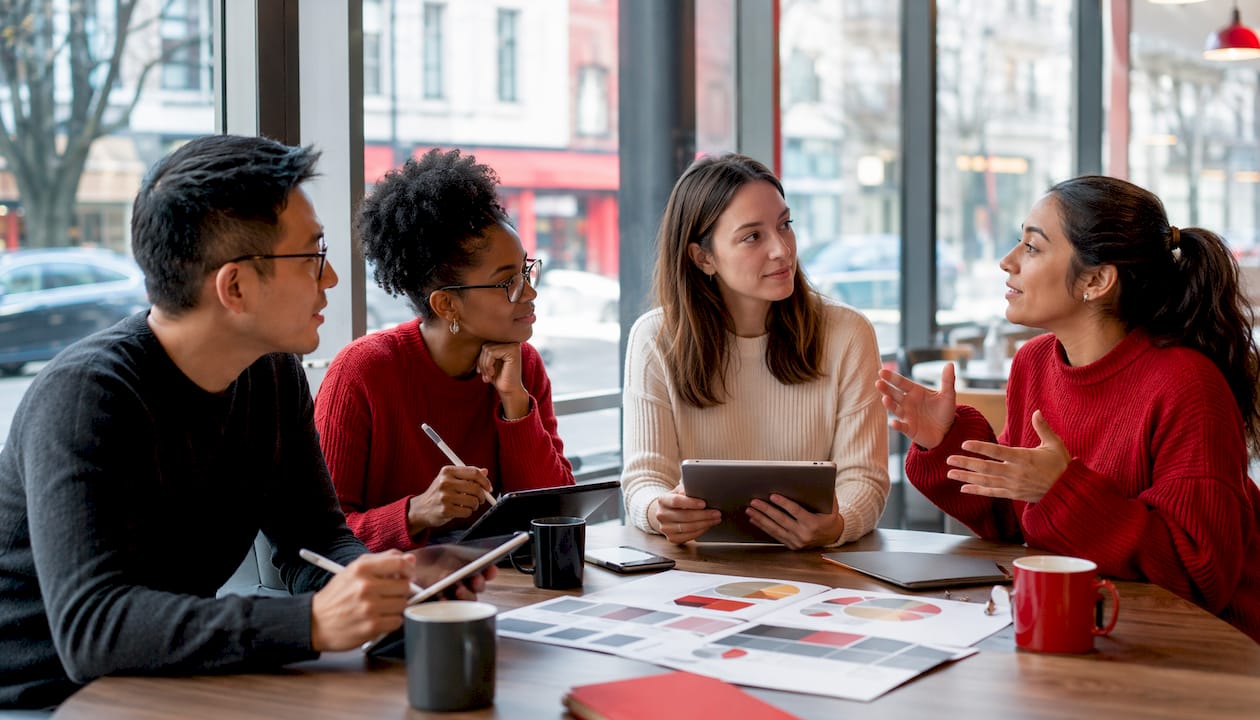 Team collaborating on Twitter thread ideas