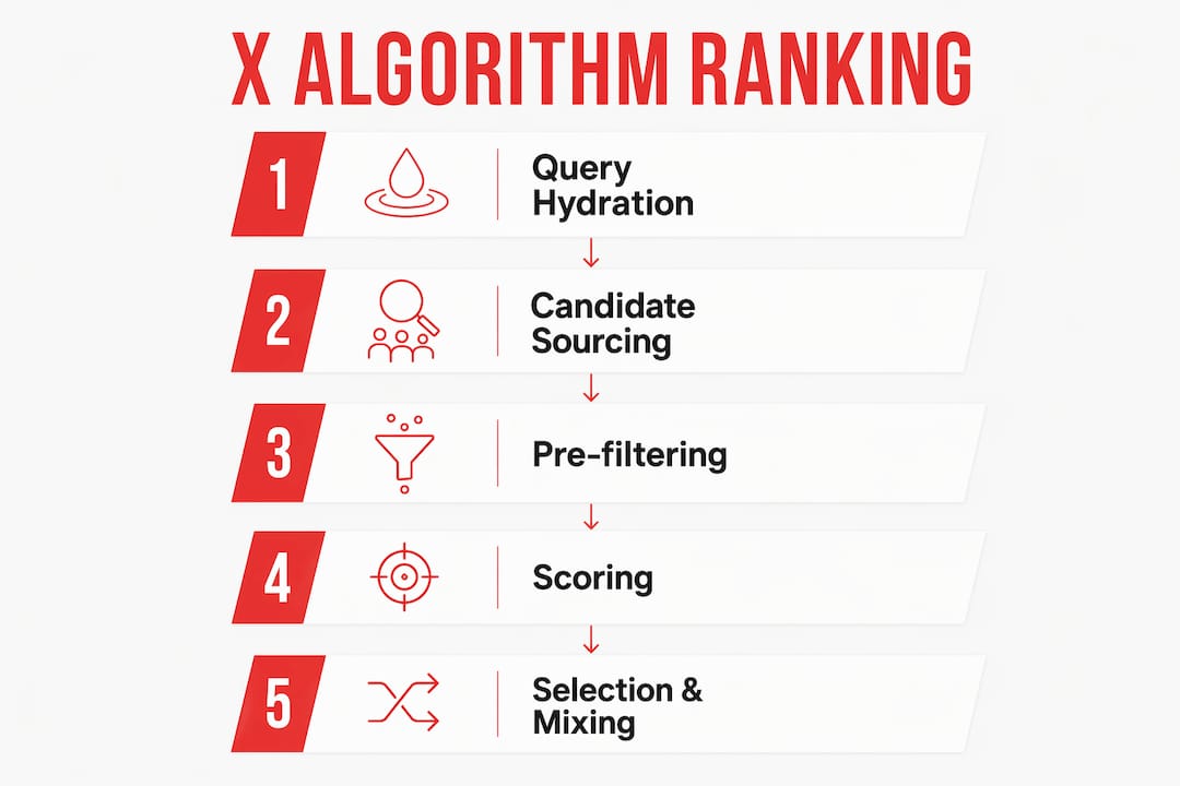 Infographic illustrating X algorithm ranking steps