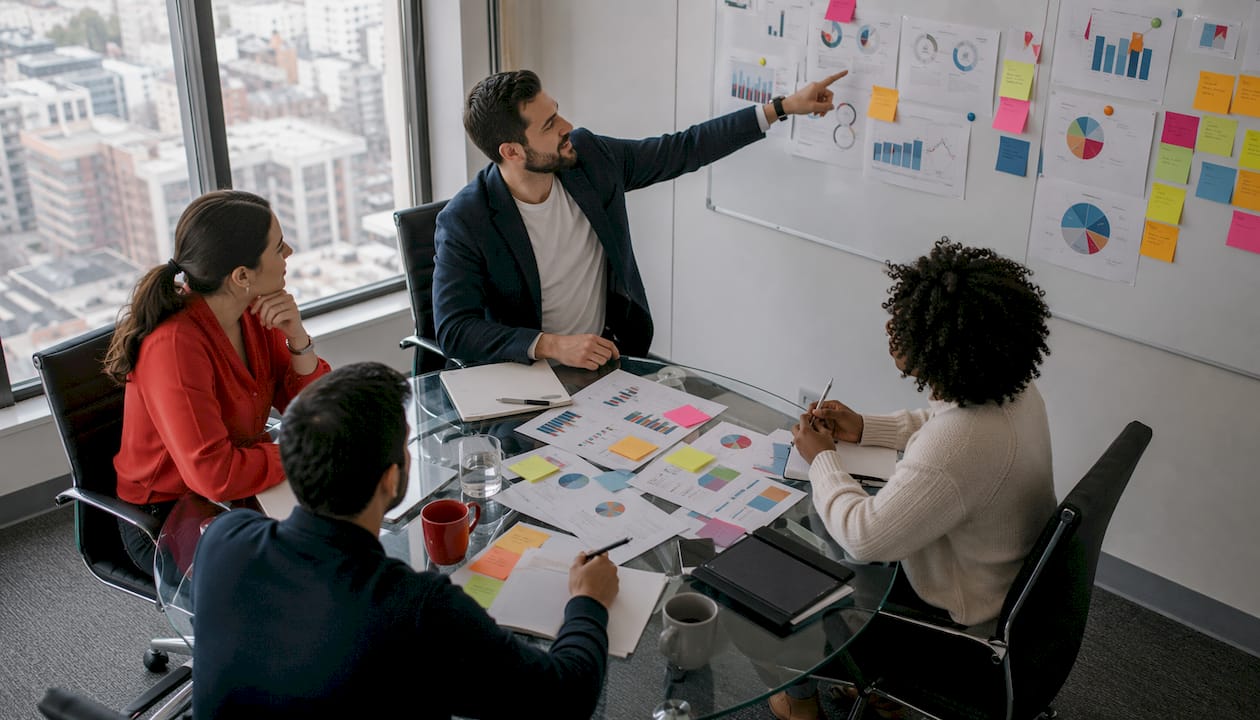 Diverse marketing team collaborating on AI campaign