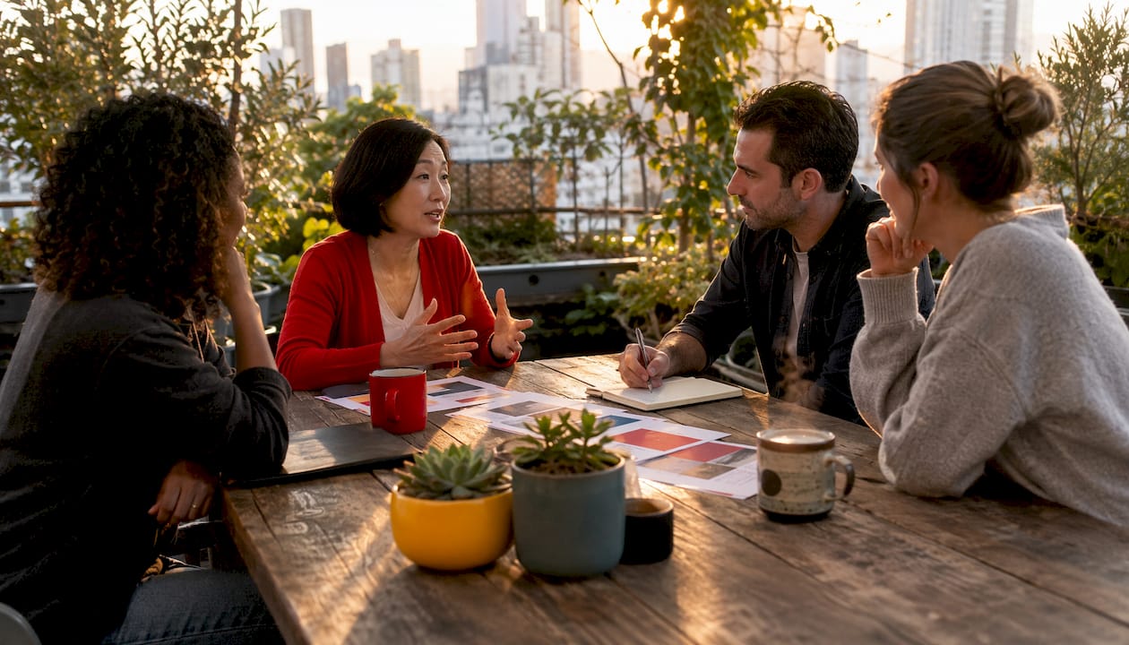 Marketing team in meeting discussing social media strategies