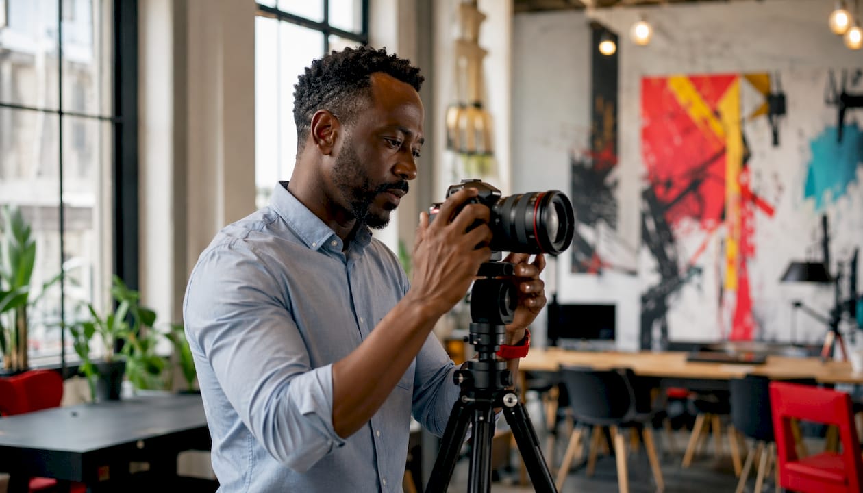Man setting up camera for profile photo shoot