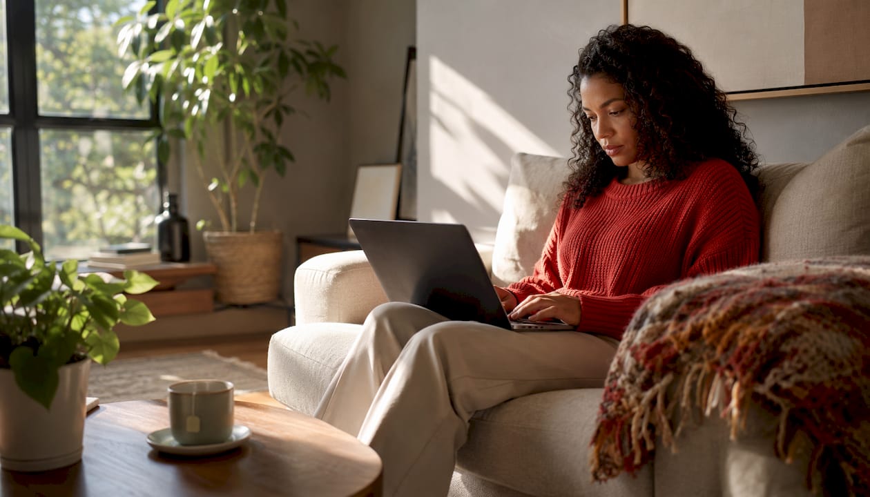 Woman reviewing Twitter profile on laptop