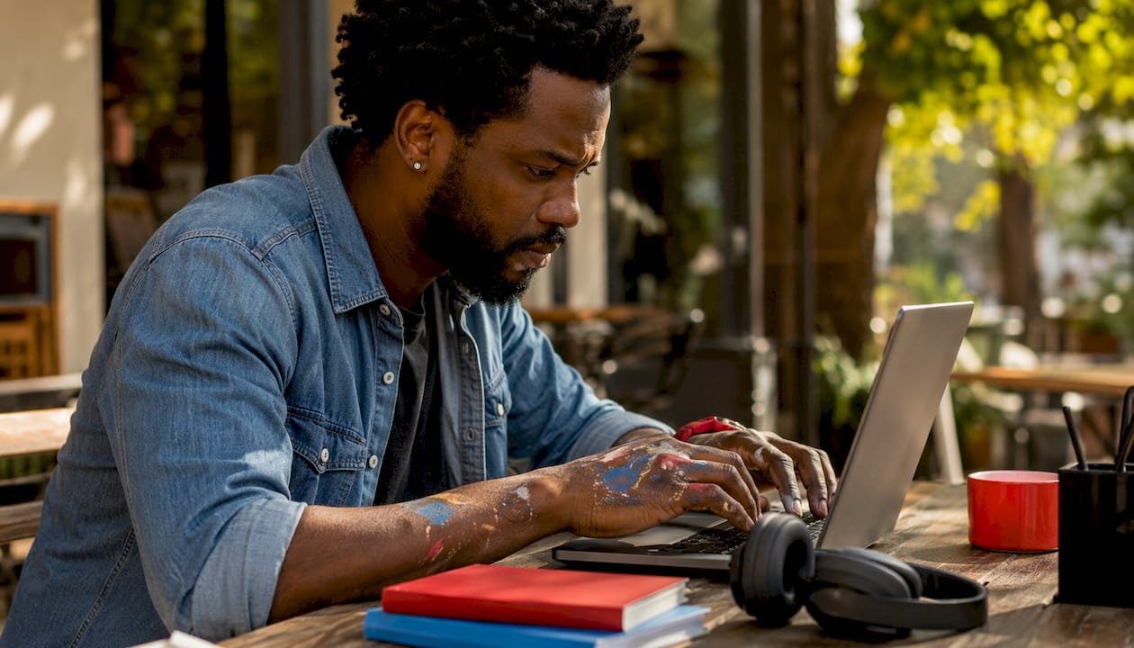 Man researching viral marketing strategies on laptop