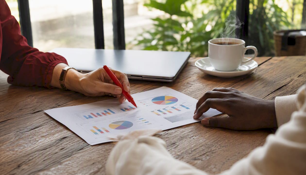 Hands reviewing attribution report at desk