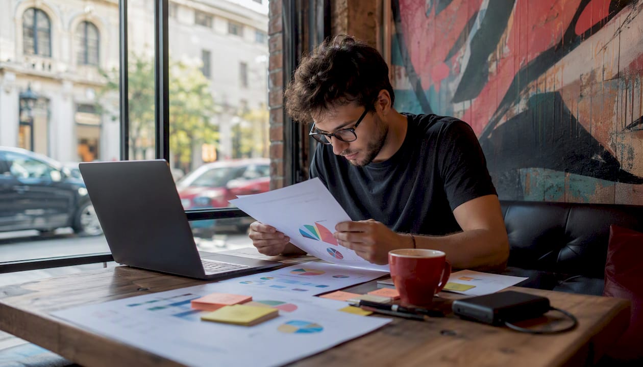 Marketer analyzing visual analytics charts at home desk