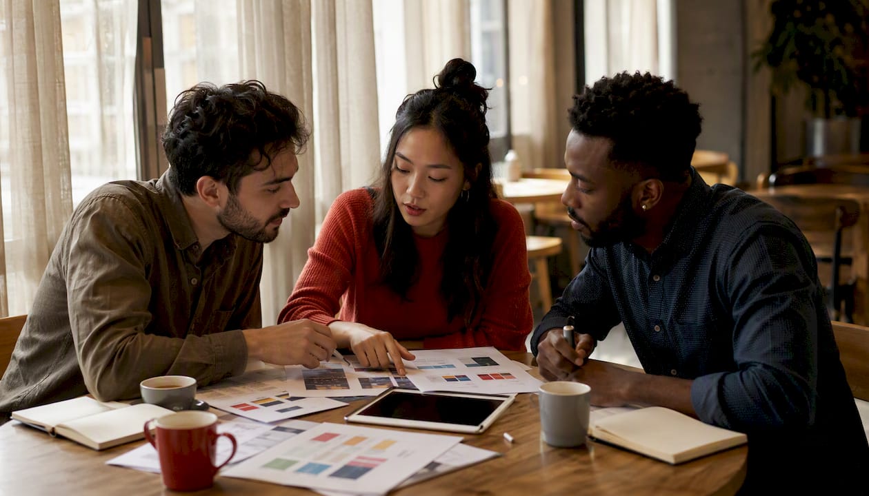Team reviewing social listening tools comparison documents overhead