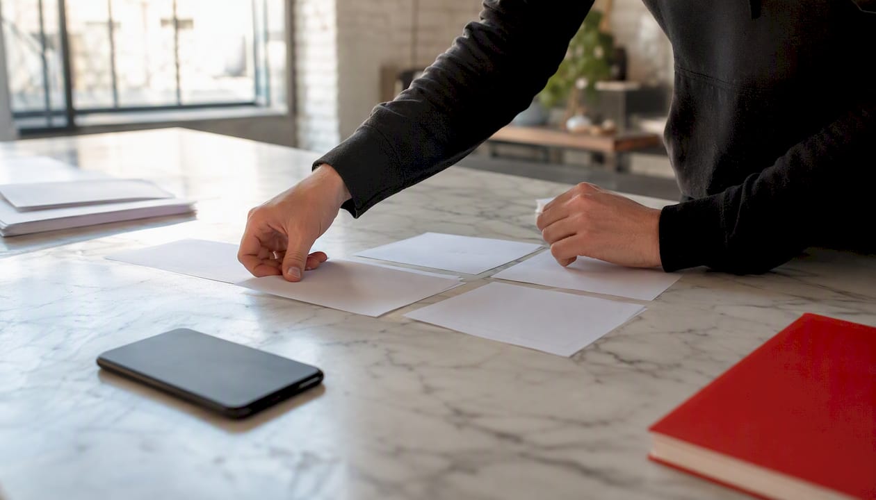 Hands arranging campaign notes on desk