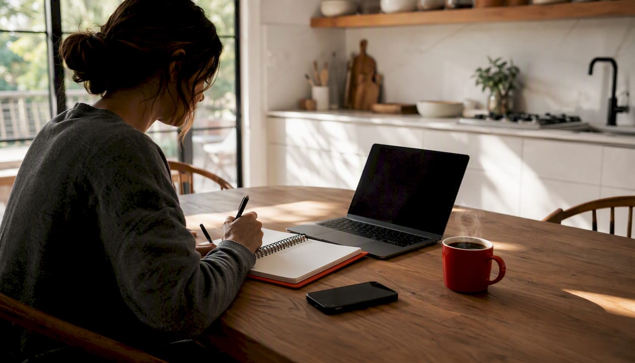 Marketing workspace with coffee and devices