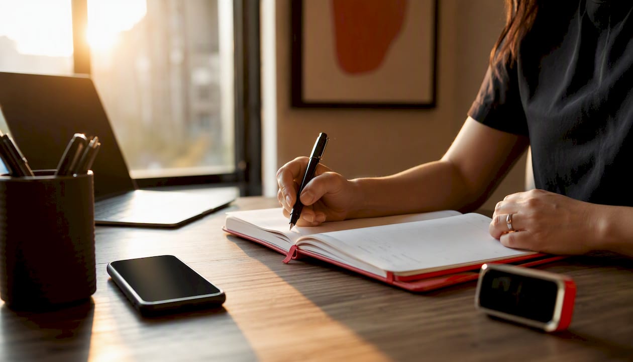 Hands holding smartphone with marketing desk items