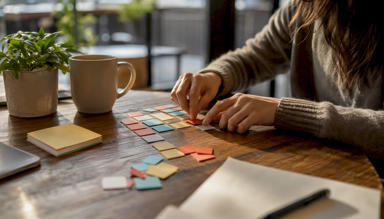 Hands organizing influencer campaign notes