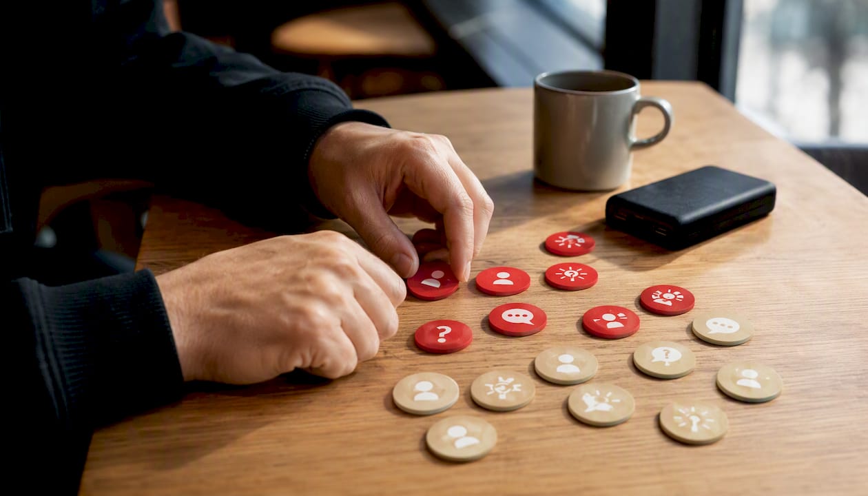 Hands arranging community discussion tokens