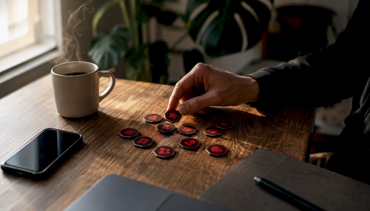 Tokens and coffee cup on table representing incentives