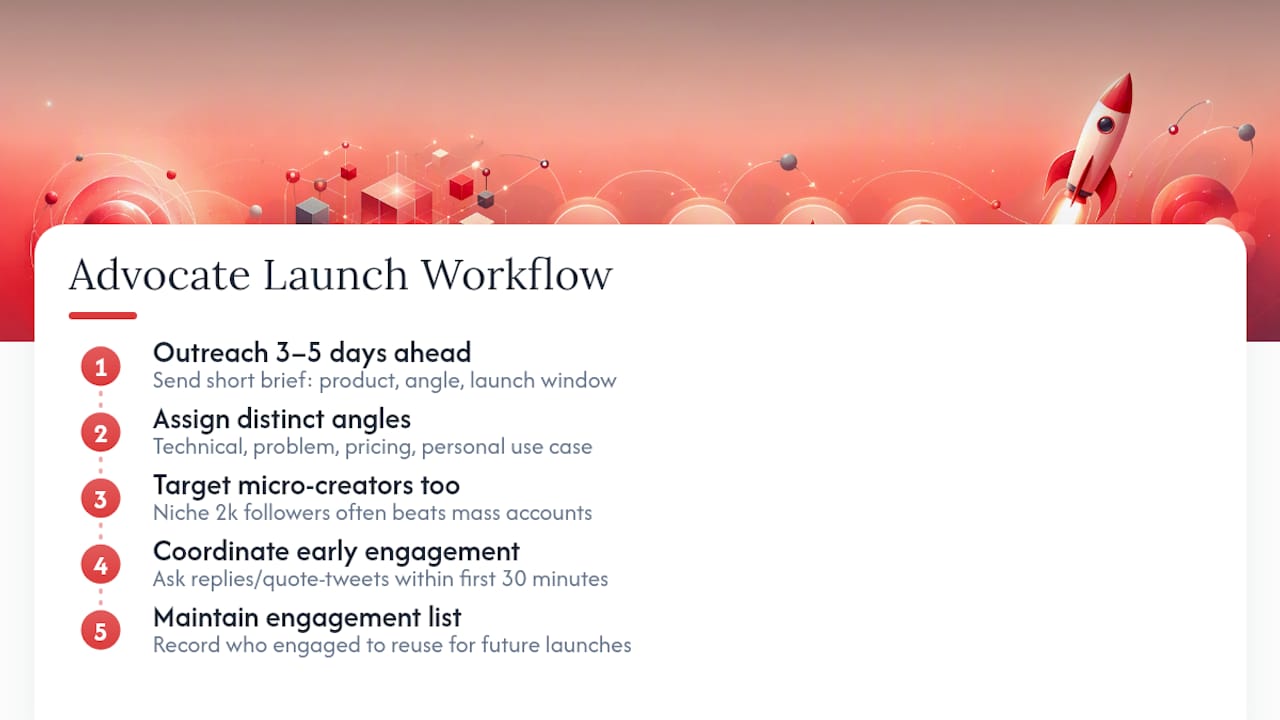 Advocate launch coordination workflow