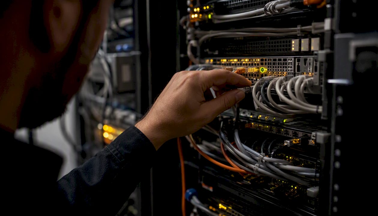 Hand connecting cable in server rack