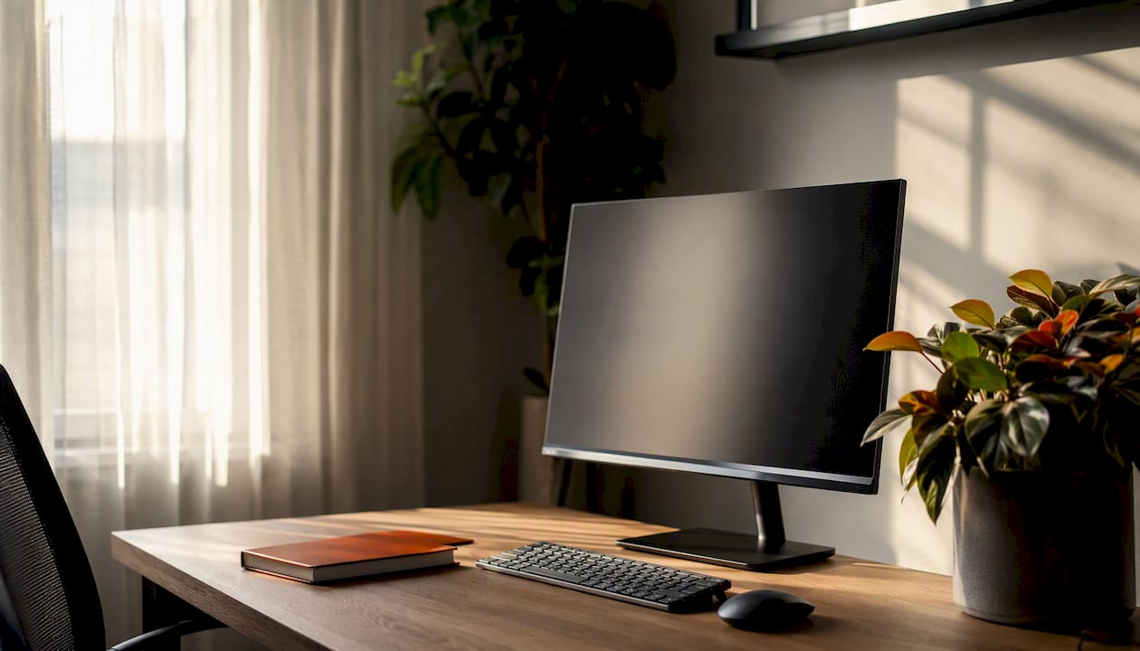 Neat office desk with dark monitor and notebook