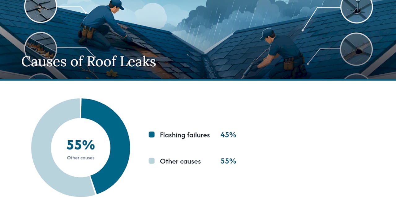Diagram showing roof leak causes by percentage