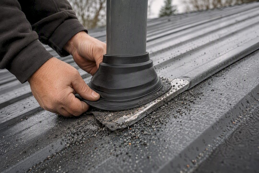 Hand fitting rubber collar on roof vent pipe
