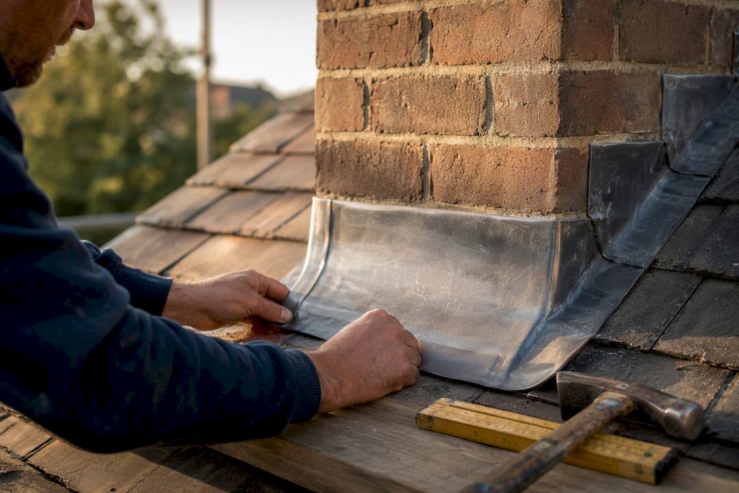 Roofer fitting lead flashing at chimney base