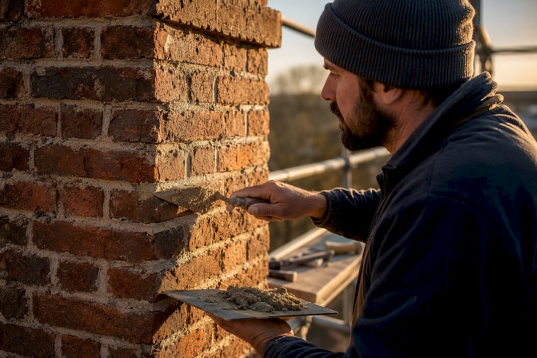 Mason repointing mortar joints on chimney stack