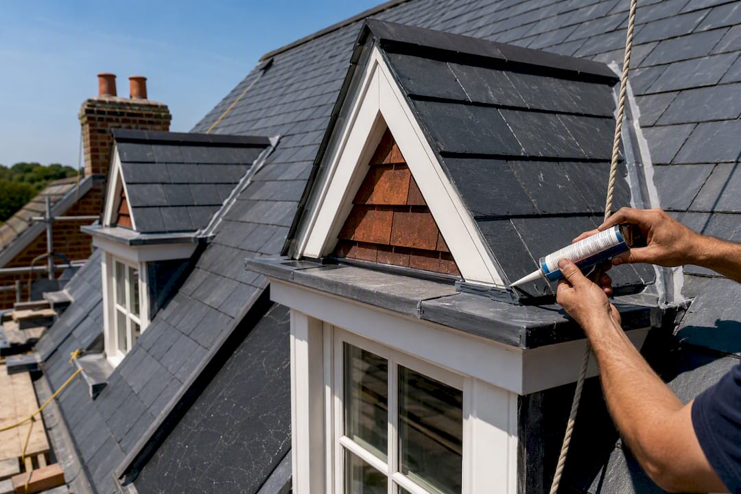 Hands applying flashing on complex steep roof dormer