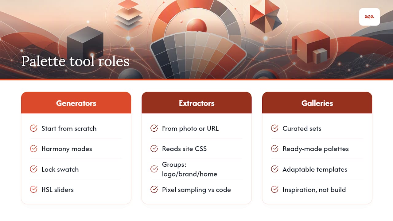 Three website colour palette tool categories