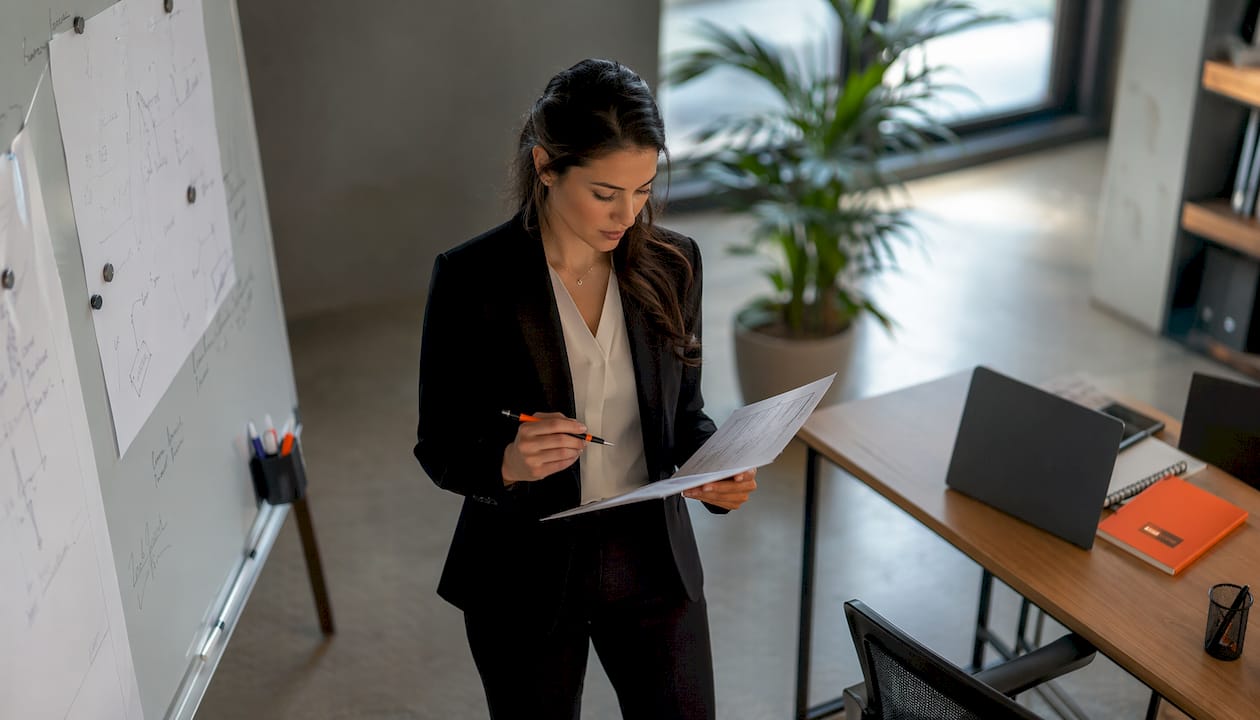 Une collaboratrice examine des documents sur son logiciel de gestion au bureau.