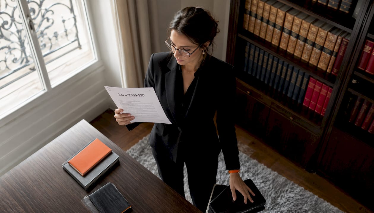 Une juriste en pleine lecture d’un document officiel