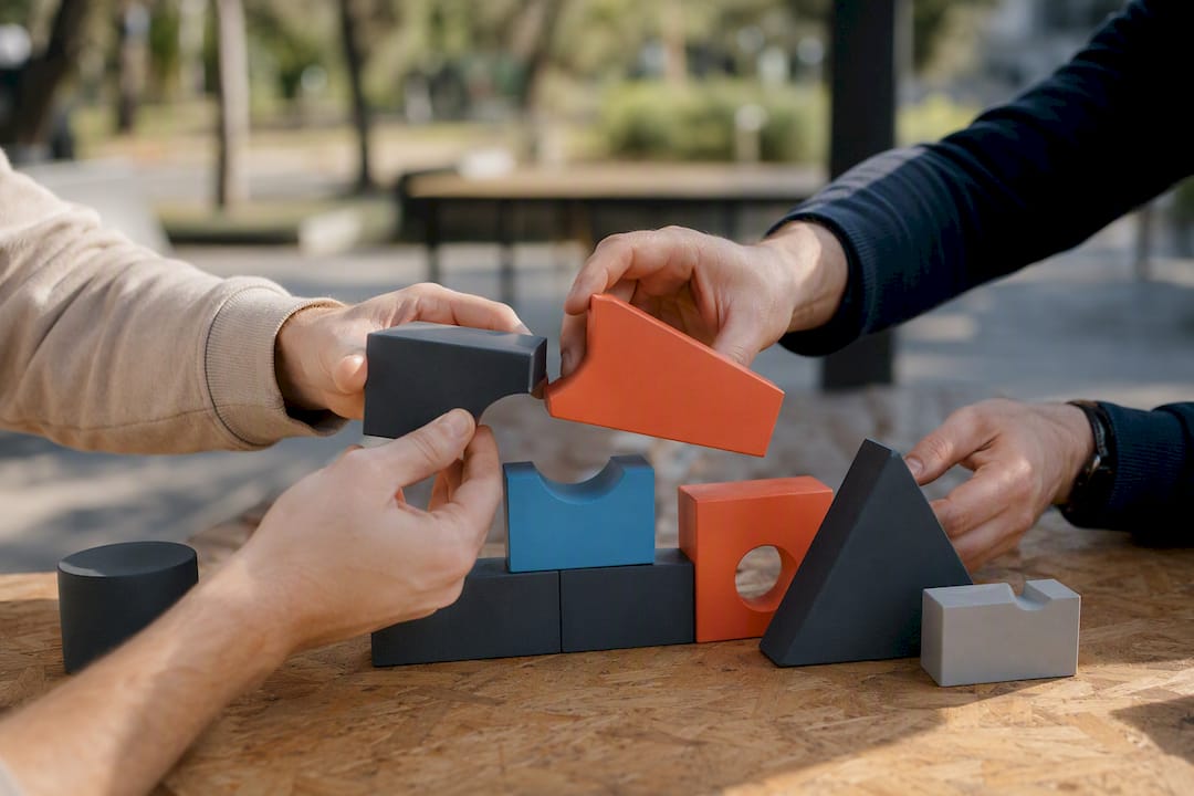Des mains assemblent des blocs colorés, chacun s’emboîtant parfaitement avec les autres.