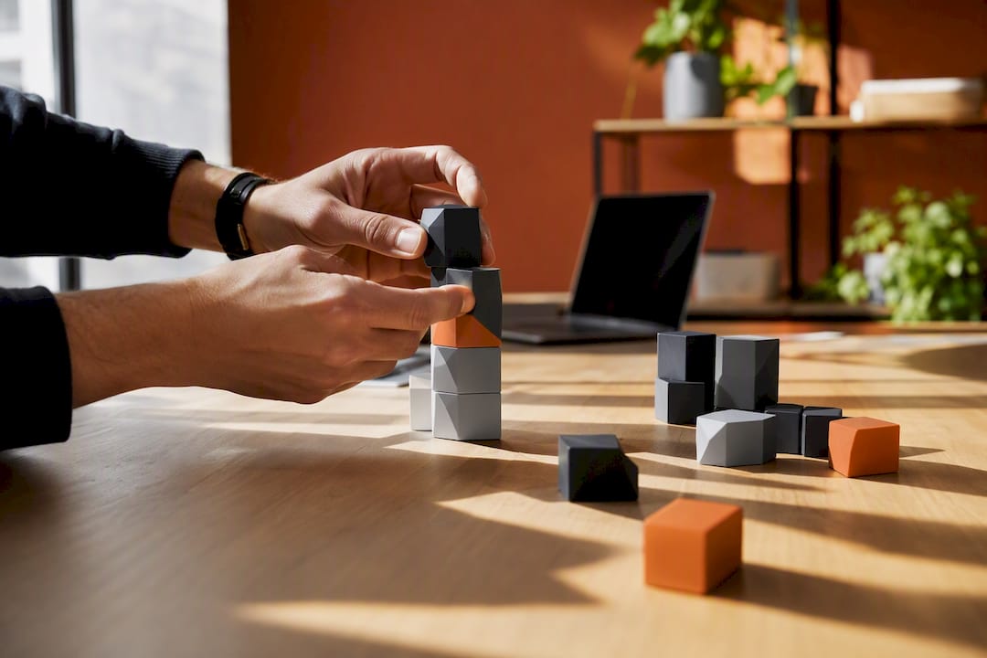 Des mains en train d’assembler des blocs modulaires sur un plan de travail.