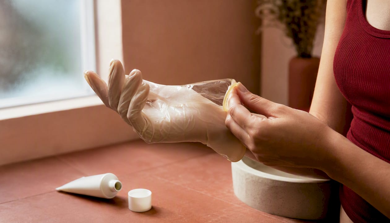Hands applying lubricant on latex condom close-up
