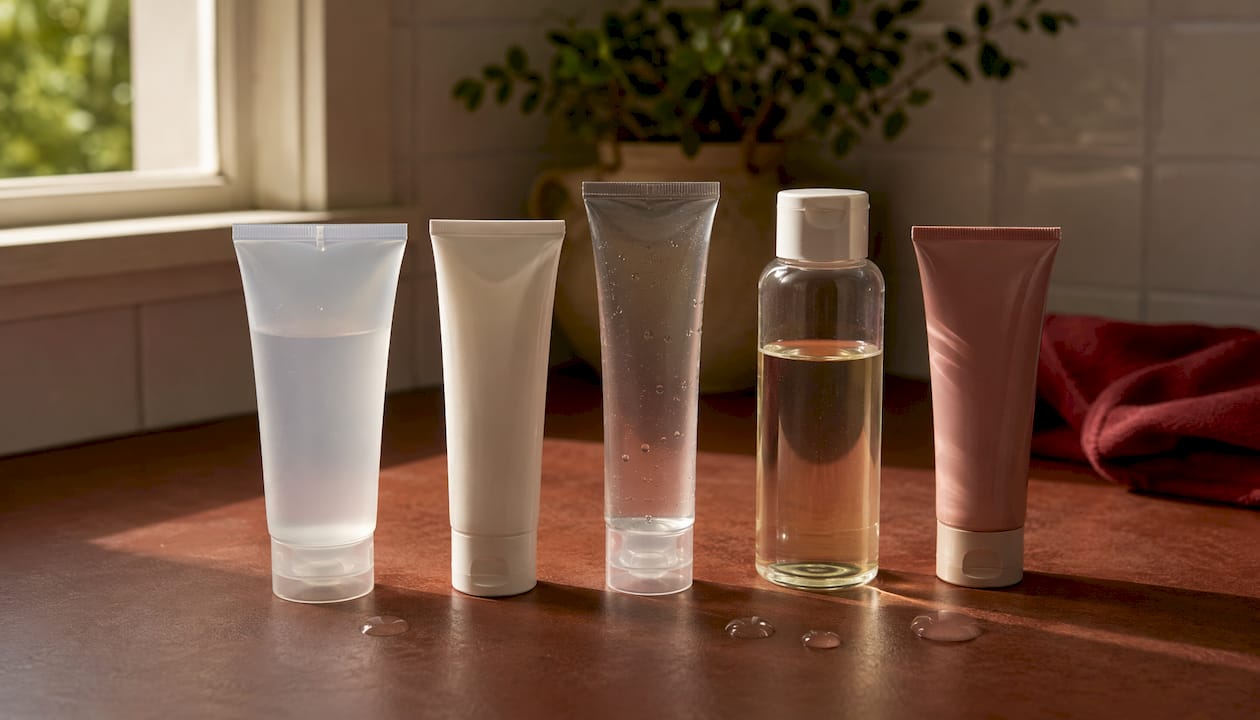 Top-down view of different condom-safe lubricants on table