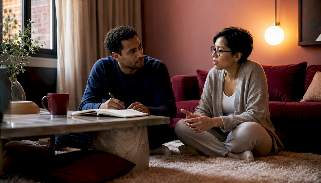 Couple calmly discussing boundaries at home