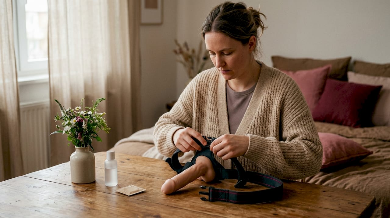 Hands preparing strap-on and lubricant on white countertop
