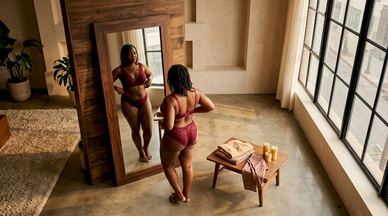 Woman trying on inclusive lingerie in bedroom