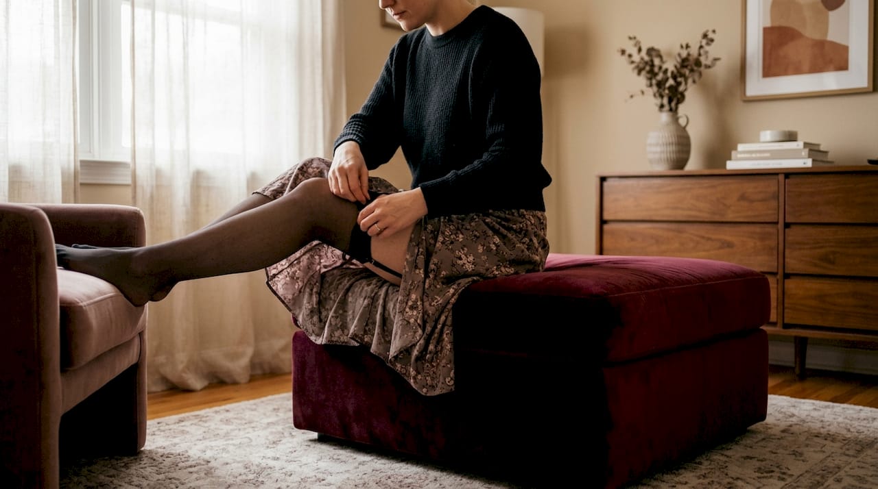 Seated person clipping back garter straps