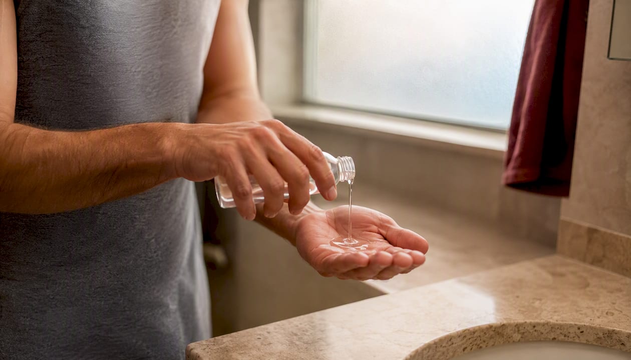 Hands pouring lubricant for prostate massage
