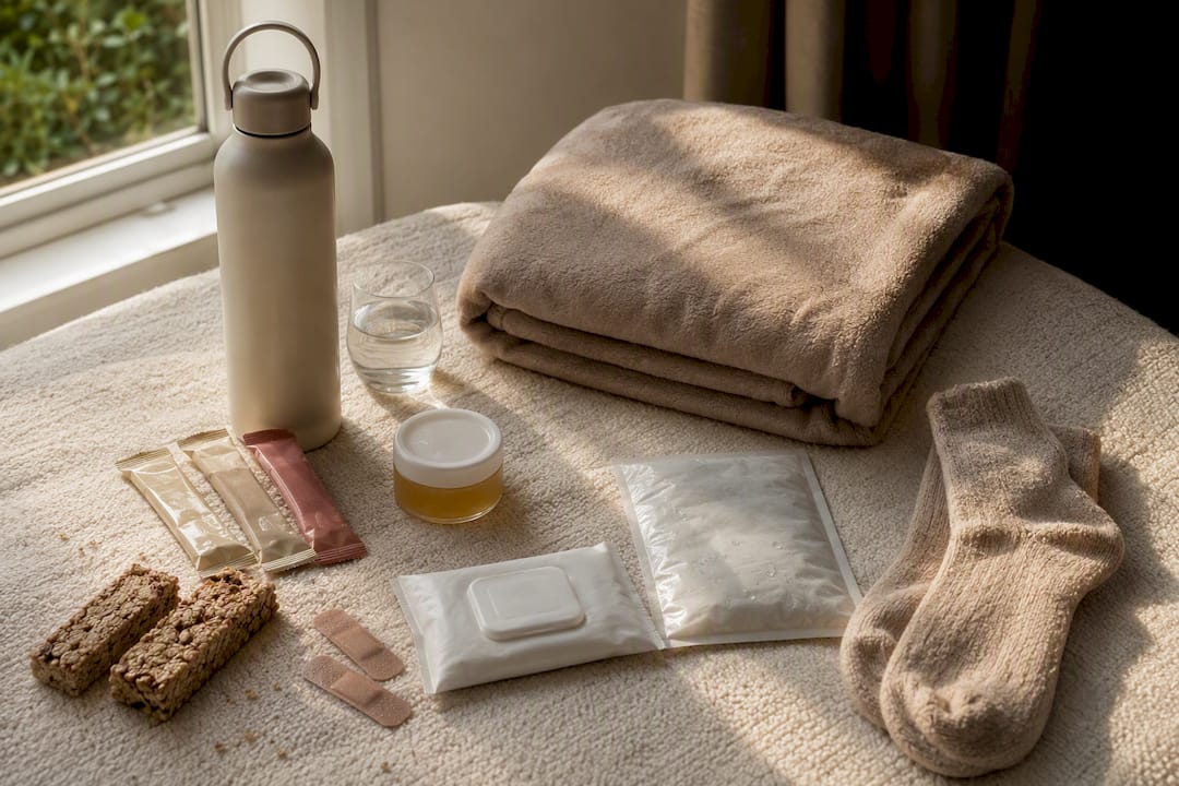 Flat lay of aftercare kit contents by category