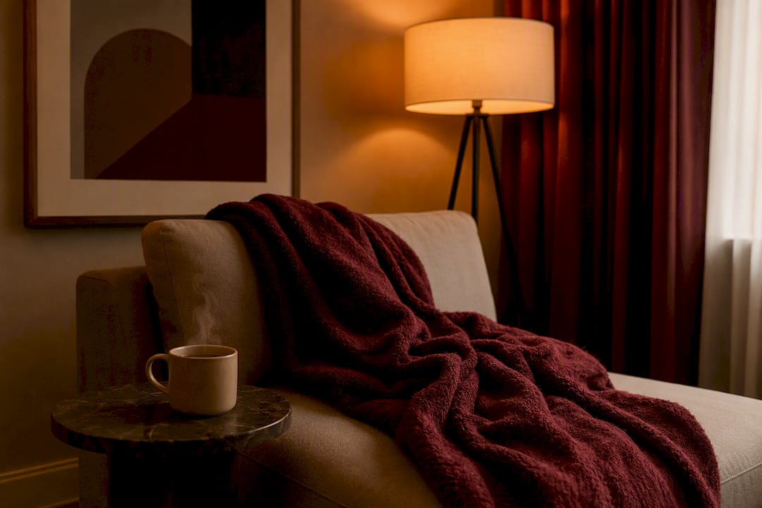 Cozy room corner with soft blanket and drink