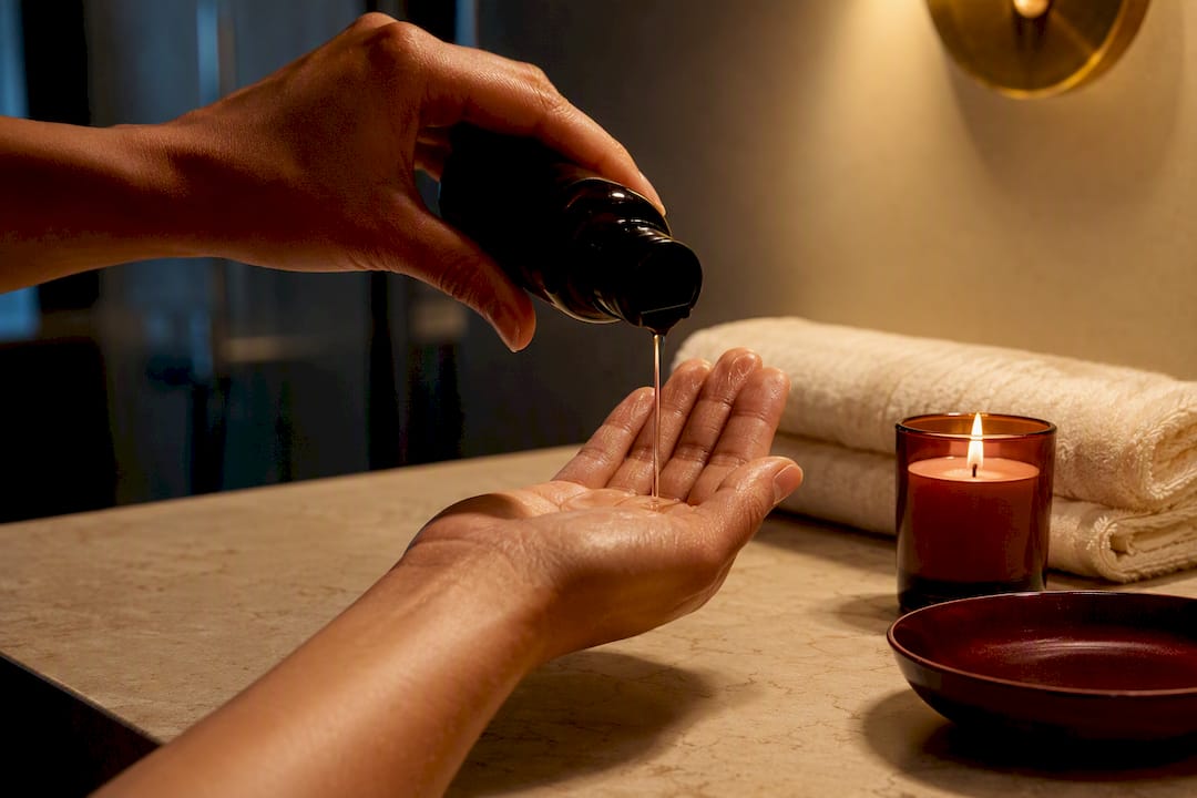 Massage oil beside a softly burning candle