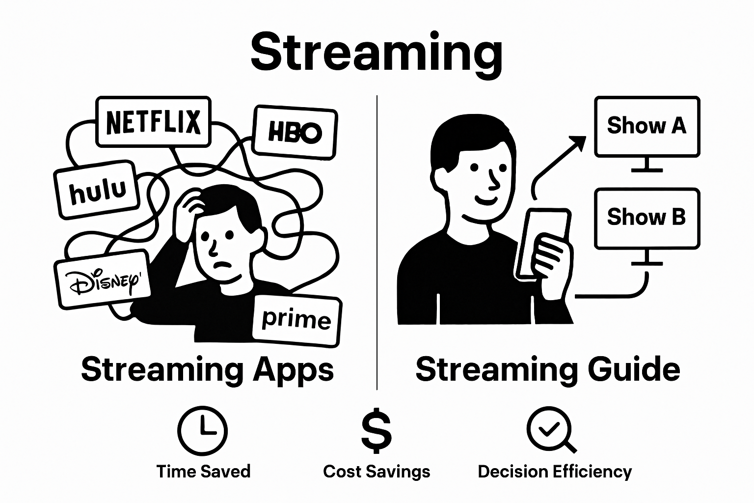Visual comparison of searching multiple streaming apps versus using one streaming guide